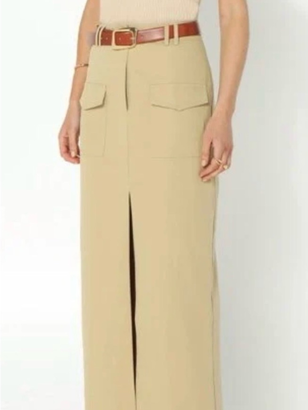 Madison Beige Front-Slit Pencil Skirt with Flap Pockets
